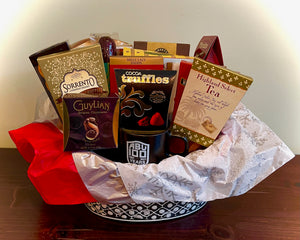 (customized mugs not included.)  What can be more enjoyable than extending gratitude and appreciation to your team members than the finest quality gift baskets?  This gift comes wrapped in a cello with a company card and bow. We can ship these worldwide. We carry a large variety of trays, boxes containers, and baskets. We can customize these by size, color, and budget. If ordering more than 5 please reach out to us. 