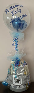 The base price for a balloon is $8.00 plus tax. It comes with a balloon, a stick, and 4 internal balloons. You can customize the balloon with us! We also carry latex and mylar balloons with air!  The "Welcome Baby Anderson" balloon was made with pearl white and iridescent blue balloons inside. The name is made of blue vinyl with a baby elephant blowing hearts up. Then the balloon was wrapped in white tulle and a balloon stick wrapped in ribbon was placed into the baby gift basket for a baby shower gift. 