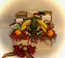 Load image into Gallery viewer, The gourmet and fruit item assortment may vary due to the time and season. Please let us know which colors you prefer for your handmade bow by selecting in the down drop. If you do not see the colors you like chat with us online or give us a call.  We have included A large beautiful Reusable Basket, Focaccia Crisps, Caramel Popcorn, Buttercrunch Pretzels, a variety of Cookies, Chocolate Covered Almonds, Cheese Straws,