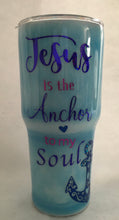 Load image into Gallery viewer, &quot;Jesus is the Anchor to My Soul&quot; this custom handmade tumbler is decorated with super fine and metallic glitter, vinyl, inking technique, and metallic vinyl and resin perfect for your religious leader, pastor, Sunday school teacher, or your special someone! This stainless tumbler is great for any hot or cold drink and can hold 30 fluid ounces and comes with a lid. These tumblers can be ready in one to two weeks. We can personalize and customize these tumblers with quotes, names, and colors.