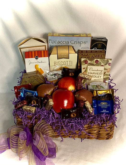 Our Bountiful Harvest basket is a beautiful basket with only the highest quality fruits and hand-selected treats for all to enjoy! We have included a variety of sweet and savory treats in this basket. This is a perfect gift for a realtor gift, new home, anniversary, birthday, boss, family, employee and so much more. Nothing would make someone happier than to open a beautifully filled fresh fruit and sweet and savory treat basket!