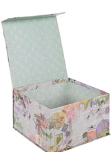 Load image into Gallery viewer, Inside of Flip top box with a variety of cute flowers and dragonflies in purples, pinks, yellows, corals, and light white white wash background. Inside is a very pale light green and white.