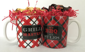 These mugs say Grill Master on the one and My BBQ rules on the other.