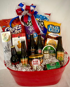 Let the Celebration Begin...is a perfect party in a tub for all to enjoy! It is a perfect gift for Father's Day, Mother's Day, Grandparent's Day, Retirement, or College Grad, and can be made for children with soda! This tub measures 20" wide x 12" deep x 8" tall and is full of snacks and fun! We've added Cheez Doodles, Tostitos Scoops, Rold Gold Pretzel Twists, Water Crackers, Cheese Straws, a Can of Beer Nuts, Sonoma Jack Cheese,