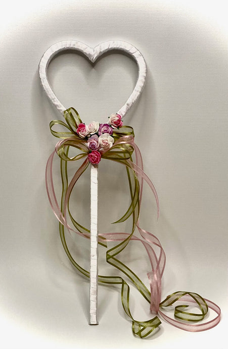 These handmade flower girl wands are so adorable! These wands are a solid one-piece 3D printed heart wrapped with white ribbon and embellished with amore rose, sage ribbon, and mini rosettes. Approximately 12