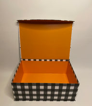 Load image into Gallery viewer, This beautifully filled box is the gift that keeps giving and can be used for storing memorabilia, and photos, or to be used as a Fall decor! Your gift will be wrapped in a cello wrap with a notecard and a beautifully matching handmade bow resembling autumn colors. Allow us to design your perfect creation to say thank you and welcome to the season with this great gift! The interior is a burnt orange color.
