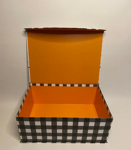 This beautifully filled box is the gift that keeps giving and can be used for storing memorabilia, and photos, or to be used as a Fall decor! Your gift will be wrapped in a cello wrap with a notecard and a beautifully matching handmade bow resembling autumn colors. Allow us to design your perfect creation to say thank you and welcome to the season with this great gift! The interior is a burnt orange color.