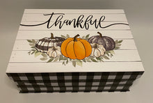 Load image into Gallery viewer, Our beautiful Fall flip-top boxes are the perfect gifts abundantly filled for your family, host/hostesses, employees/employers, or just to say &quot;Thank you!&quot; We carry a variety of containers and this gift comes in different sizes. In this gift, we have selected an abundance of sweet and savory treats to be shared by all including cheeses, crackers, meat sticks, caramel popcorn, cookies, chocolates, dip, pretzels, candied peanuts, coffee, tea or cocoa, and so much more! 
