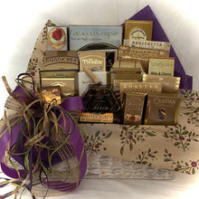 Load image into Gallery viewer, The Gourmet Treat Collection is just that! A &quot;Best Seller&quot; this delicious mix of gourmet treats that have been hand-selected for everyone to enjoy! It is a wonderfully put-together gift that has something for everyone! It is a beautiful large reusable basket, with Focaccia crisps, Bruchetta, Sausage stick, Snack mix, Brie Cheese, water crackers, caramel popcorn, roasted peanuts, chocolate cookies, chocolate covered almonds, 
