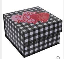 Load image into Gallery viewer, This box is black and white checkered with Happy Valentine&#39;s Day in 2 hearts on top! Adorable flip top box! 