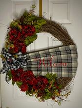 Load image into Gallery viewer, If Shipping please contact us so we can get the best shipping rate available. This wreath can take 1 - 2 weeks for delivery.  Chat with us on our website or call/text us at 704.526.7407. Don’t have time to chat….email us at perfectselectioncreativegifts@gmail.com and we can assist you with your order. Say Welcome to all your guests with this beautifully handmade wreath!