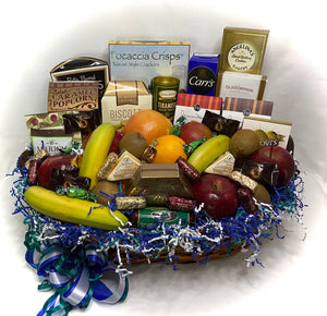 Apt for holidays, congratulatory moments, expressions of thanks, birthdays, new beginnings, or a year-round corporate gesture, this gift basket is designed to elicit joyful smiles from its fortunate recipients. Please note that the assortment of gourmet and fruit items may vary depending on the season and availability.