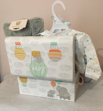 Load image into Gallery viewer, This gift will be in a cute canvas storage tote, flip-top box, diaper bag, backpack, or matching color container. Our neutral color will be a mix as shown in the photo. We will shrink-wrap your gift, and add a personalized notecard and a beautiful handmade bow.