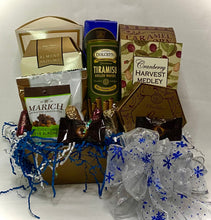 Load image into Gallery viewer, Nothing says enjoy your holiday like this perfect combination of snacks while decorating, baking, or simply sharing with some family time, or a neighborly welcome. These will please all palates with a perfect combination of treats. We carry a variety of market trays for you to choose from. This gift includes Butter Flavored Pretzels, Table Water Crackers, Caramel Popcorn, Cranberry Harvest Medley, Tiramisu Rolled Wafers, Old Dominion Nuts, Almond Hazelnut Biscotti,