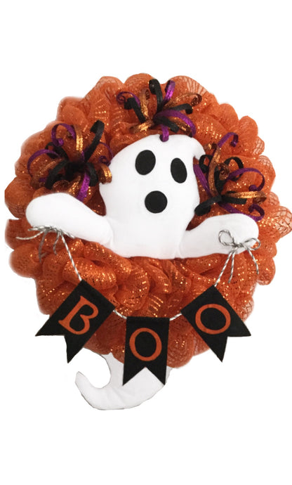 BOO to You!!! This handmade mesh wreath with a white ghost peeking through is the perfect wall or door decor for you! Made of orange mesh, a fabric ghost with glittery picks. This wreath measures 26