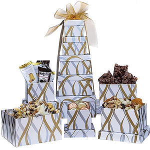 White and Gold Assorted Snack Tower is a collection of five boxes filled with delicious treats for all. This perfect tower is filled with hand-selected delicious treats, candy, and more. We can customize these with ample time for any holiday, birthday, wedding, anniversary, or holiday, etc. For corporate orders please call us. These boxes can be shipped nationwide and delivered locally. These boxes will be wrapped with a beautiful handmade bow for your specific order and include a notecard. 