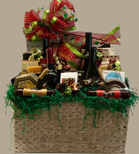 Load image into Gallery viewer, Housed within an elegantly spacious and reusable basket, this masterpiece features a rich variety of cheeses, focaccia crisps, wine and cheese biscuits, water crackers, butter pretzels, chocolate truffle cookies, candied peanuts, fruit medley, cookie rolled wafers, toffee pretzels, caramel popcorn, chocolate-covered almonds, a variety of cookies, mustard, jam, olives, caramels, and an abundance of other delectable treasures, elevating the gifting experience to new heights.