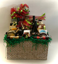 Load image into Gallery viewer, Your recipient will enjoy this gift basket for days! This delicious selection of sweet and savory treats is matched with the perfect wine. We do NOT ship adult beverages but may substitute with adult drink mixers or non-alcoholic drinks. In this large beautiful reusable basket, we have included a variety of cheeses, focaccia crisps, wine and cheese biscuits, water crackers, bruschetta crisps, butter pretzels, chocolate truffle cookies, 