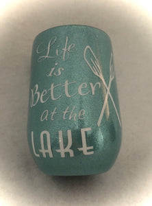 "Life is Better at the Lake"... is a stemless wine cup. This wine tumbler can keep your wine at its perfect temperature. It is decorated in extra fine glitter with vinyl lettering and FDA-approved epoxy. This wine tumbler can hold 11 ounces. These tumblers can be ready in one to two weeks. We can personalize and customize these tumblers by size, color, and quotes. With curing time needed these can not be rushed.