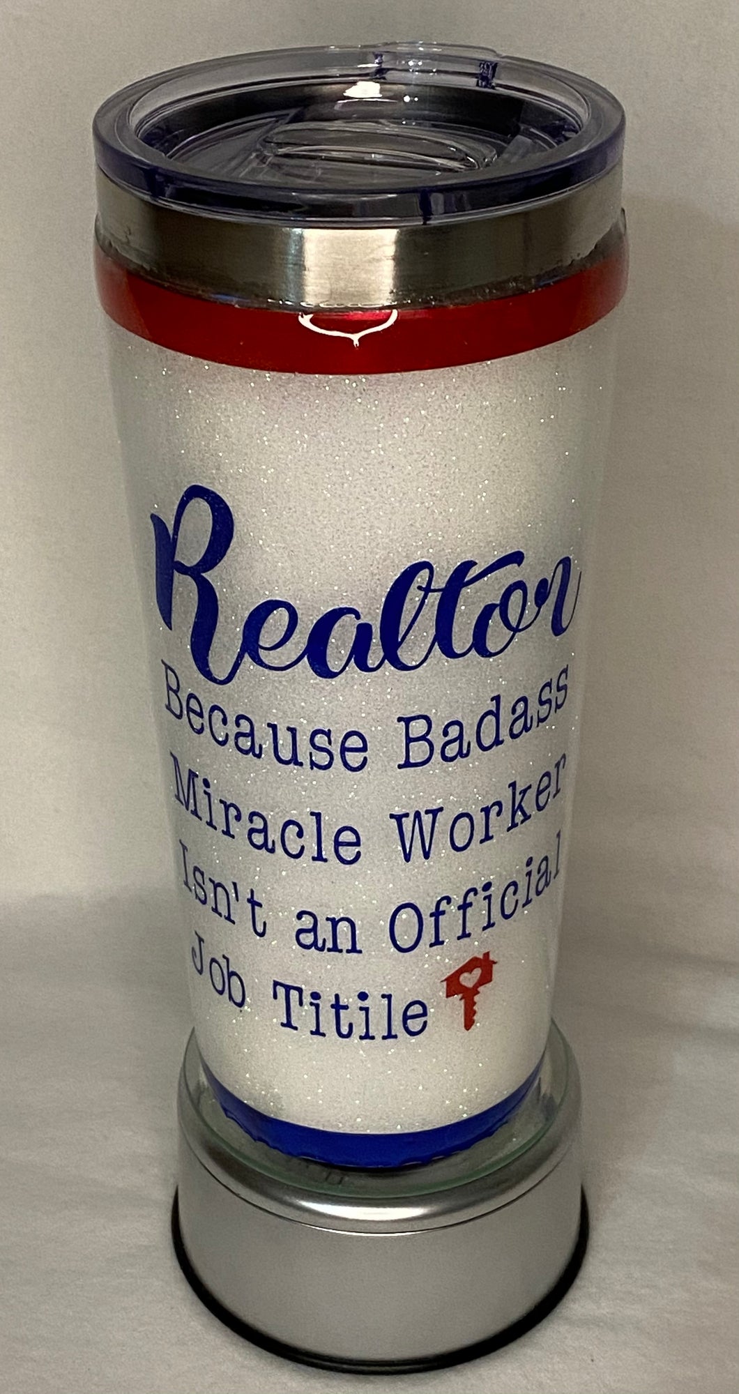 Our Realtor tumblers make the perfect gift for your realtor, lender, or broker. We can customize these with their name or quotes. This particular cup is a 20-ounce stainless steel tumbler that can hold liquids hot/cold for hours. It has the realtor's name on the back and is decorated in glitter, vinyl, and FDA food-approved epoxy. We can personalize and design these tumblers any way you like. We can design by color, size, and your preference for personalization. These cups take 1-2 weeks.