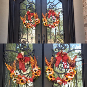 Autumn Welcome... this beautifully handmade grapevine wreath is decorated with silk sunflowers, pumpkins, fall-colored leaves, gourds, berries, greens, and so much more! Finished with a beautiful handmade bow nothing says "Happy Fall" like this beautifully decorated wreath! This wreath will welcome all your guests and would look great on any door or wall. Grapevine wreaths are all different in size therefore if ordering by two for a double door we will do our best to get them as close as possible in size.