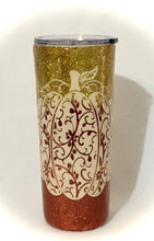 Load image into Gallery viewer, Happy Fall Pumpkin Mandela Tumbler is an &quot;ALL-TIME FAVORITE&quot; This 20-ounce tumbler with a lid is beautifully handmade and decorated for someone who is crazy about fall! Nothing says &quot;Happy Fall&quot; like it! It has been decorated with three different colors of extra fine glitter, a beautiful pumpkin mandala, and epoxy. Each cup is carefully designed and is its own work of art. These cups take 1 - 2 weeks.