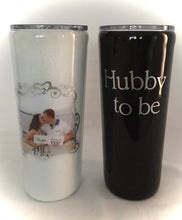 Load image into Gallery viewer, Guess what? They&#39;re not just regular cups; they&#39;re like a mini art project! We use cool pictures provided by you, stick on some cool vinyl, add extra sparkles to the bride&#39;s cup, and paint the groom&#39;s cup by hand. Then we lock it all in with a special coating so it lasts forever. And yeah, they come with lids to keep spills away!